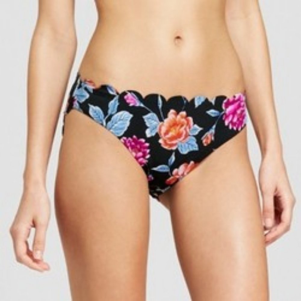 Vanilla/Beach Scalloped Floral Hipster Swim Bottom